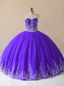Discount Tulle Sweetheart Sleeveless Lace Up Embroidery Quinceanera Gowns in Purple