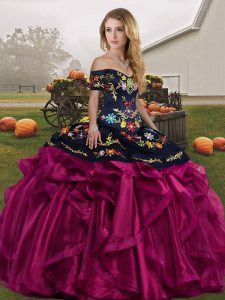 Fancy Fuchsia Sweet 16 Dresses Military Ball and Sweet 16 and Quinceanera with Embroidery and Ruffles Off The Shoulder Sleeveless Lace Up