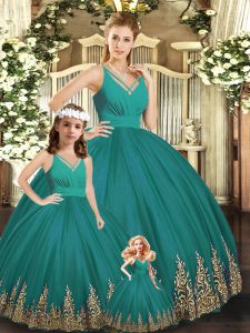 Spectacular Turquoise Ball Gowns Embroidery 15 Quinceanera Dress Backless Tulle Sleeveless Floor Length