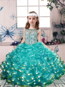 Ball Gowns Kids Pageant Dress Teal Scoop Organza Sleeveless Floor Length Lace Up