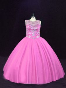 Clearance Pink Lace Up Scoop Beading Vestidos de Quinceanera Tulle Sleeveless