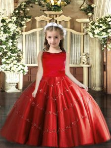 Unique Red Lace Up Pageant Dress for Girls Beading Sleeveless Floor Length