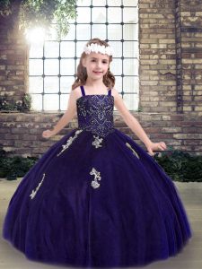 Purple Ball Gowns Tulle Straps Sleeveless Appliques Floor Length Lace Up Pageant Gowns For Girls