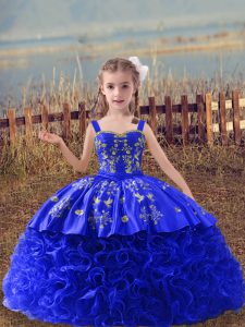 Royal Blue Ball Gowns Embroidery Little Girl Pageant Dress Lace Up Fabric With Rolling Flowers Sleeveless