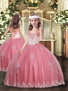 Trendy Watermelon Red Ball Gowns Appliques Little Girls Pageant Dress Wholesale Lace Up Tulle Sleeveless Floor Length