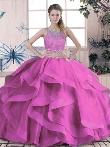 Sleeveless Floor Length Beading and Lace and Ruffles Lace Up Vestidos de Quinceanera with Lilac