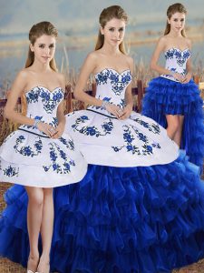 Fancy Royal Blue Ball Gowns Organza Sweetheart Sleeveless Embroidery and Ruffled Layers and Bowknot Floor Length Lace Up Quinceanera Dresses