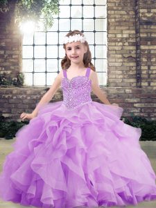 Custom Design Floor Length Lavender Pageant Dress for Teens Tulle Sleeveless Beading and Ruffles