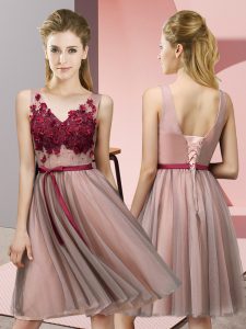 Sophisticated Sleeveless Knee Length Appliques Lace Up Vestidos de Damas with Baby Pink