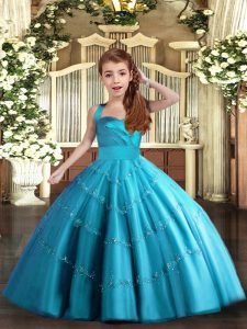 Dramatic Baby Blue Straps Lace Up Beading Little Girl Pageant Dress Sleeveless