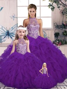 Dazzling Beading and Ruffles Quinceanera Dress Purple Lace Up Sleeveless Floor Length