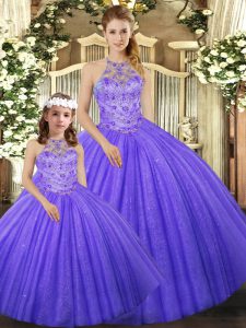 Floor Length Lace Up Quinceanera Gown Lavender for Military Ball and Sweet 16 and Quinceanera with Beading