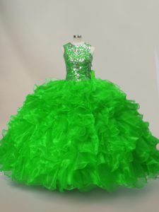 Floor Length Quince Ball Gowns Organza Sleeveless Ruffles and Sequins