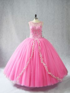 Excellent Sleeveless Floor Length Beading and Appliques Lace Up Ball Gown Prom Dress with Rose Pink