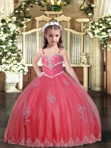 Best Watermelon Red Straps Neckline Beading and Appliques Pageant Gowns Sleeveless Lace Up