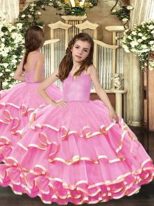 Pink Organza Lace Up Kids Pageant Dress Sleeveless Floor Length Beading and Ruffled Layers