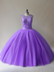 Tulle Scoop Sleeveless Lace Up Beading Quinceanera Gown in Lavender