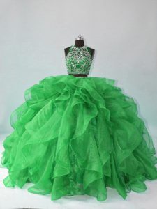 Wonderful Green Two Pieces Beading and Ruffles Sweet 16 Dresses Backless Organza Sleeveless Floor Length