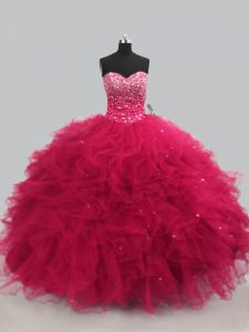 Best Hot Pink Sleeveless Tulle Lace Up Quince Ball Gowns for Sweet 16 and Quinceanera