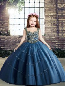 Blue Ball Gowns Beading Glitz Pageant Dress Lace Up Tulle Sleeveless Floor Length