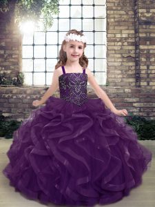Cheap Purple Straps Neckline Beading and Ruffles Little Girl Pageant Dress Sleeveless Lace Up