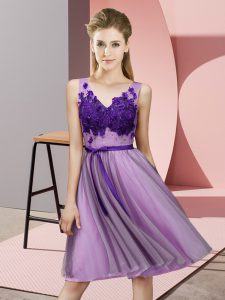 Top Selling Lavender V-neck Neckline Appliques Vestidos de Damas Sleeveless Lace Up