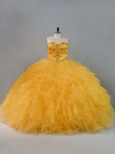 Custom Designed Sleeveless Tulle Floor Length Lace Up Sweet 16 Dress in Gold with Beading and Ruffles