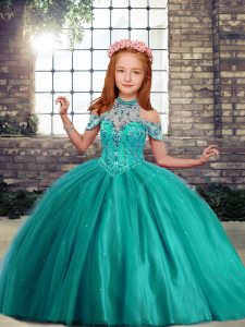 Tulle High-neck Sleeveless Lace Up Beading Kids Pageant Dress in Turquoise