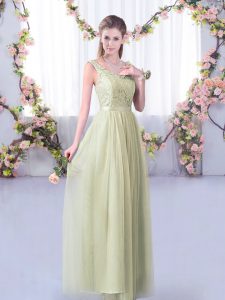 Sleeveless Tulle Floor Length Side Zipper Dama Dress in Yellow Green with Lace and Belt