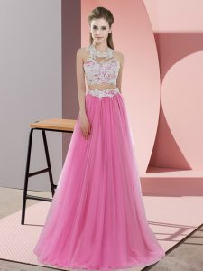 Unique Lace Court Dresses for Sweet 16 Rose Pink Zipper Sleeveless Floor Length