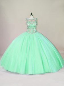 Apple Green Scoop Lace Up Beading Quince Ball Gowns Sleeveless