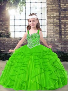 Customized Beading and Ruffles Pageant Gowns For Girls Side Zipper Sleeveless Floor Length