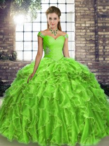 Modest Off The Shoulder Sleeveless Brush Train Lace Up Quince Ball Gowns Organza