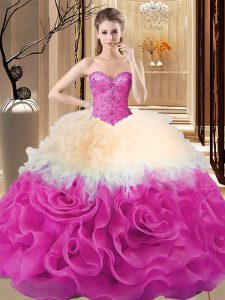 Excellent Sleeveless Fabric With Rolling Flowers Floor Length Lace Up Vestidos de Quinceanera in Multi-color with Beading and Ruffles