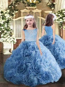 Customized Blue Ball Gowns Bateau Sleeveless Fabric With Rolling Flowers Floor Length Zipper Beading Girls Pageant Dresses