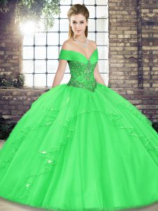 Luxurious Off The Shoulder Sleeveless Ball Gown Prom Dress Floor Length Beading and Ruffles Green Tulle