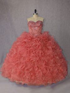 Noble Organza Sleeveless Quinceanera Dresses Brush Train and Beading and Ruffles