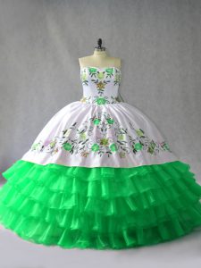 Green Organza Lace Up Sweetheart Sleeveless Floor Length Military Ball Dresses Embroidery and Ruffled Layers