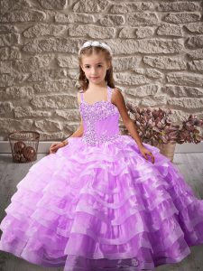 Straps Sleeveless Little Girl Pageant Gowns Brush Train Beading and Ruffled Layers Lavender Organza