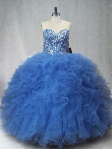 Spectacular Blue Ball Gowns Beading and Ruffles Quinceanera Dress Lace Up Tulle Sleeveless Floor Length