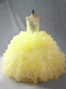 Straps Sleeveless 15th Birthday Dress Floor Length Beading and Ruffles Yellow Organza