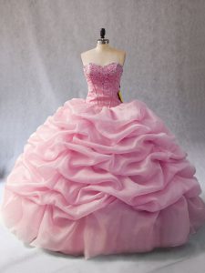 Extravagant Pink Ball Gowns Sweetheart Sleeveless Organza Floor Length Lace Up Beading and Pick Ups Quince Ball Gowns