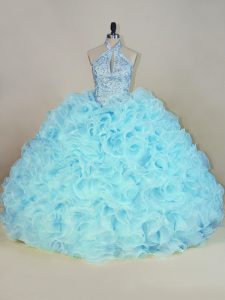 Exceptional Aqua Blue Ball Gowns Halter Top Sleeveless Fabric With Rolling Flowers Brush Train Lace Up Beading and Ruffles Quinceanera Dress