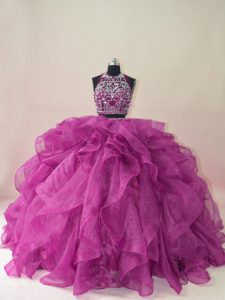 Comfortable Backless Sweet 16 Dresses Fuchsia for Sweet 16 and Quinceanera with Beading and Ruffles Brush Train