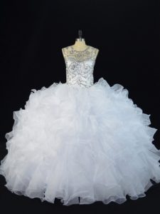 Floor Length White 15th Birthday Dress Organza Sleeveless Beading and Ruffles