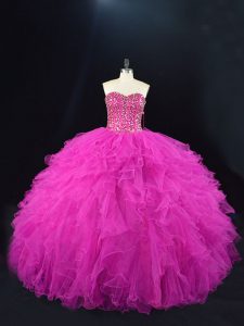 Captivating Fuchsia Lace Up 15th Birthday Dress Beading and Ruffles Sleeveless Floor Length