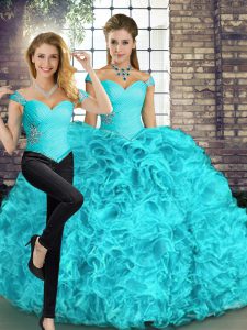Fancy Aqua Blue Two Pieces Off The Shoulder Sleeveless Organza Floor Length Lace Up Beading and Ruffles 15th Birthday Dress