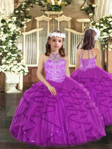 Enchanting Halter Top Sleeveless Lace Up Kids Formal Wear Purple Tulle