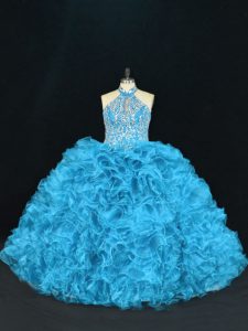 Ball Gowns Vestidos de Quinceanera Blue Halter Top Organza Sleeveless Floor Length Lace Up