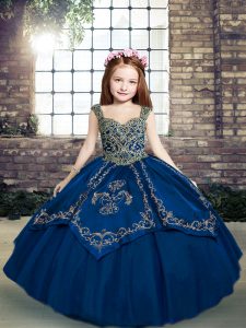Latest Blue Tulle Lace Up Straps Sleeveless Floor Length Girls Pageant Dresses Beading and Embroidery